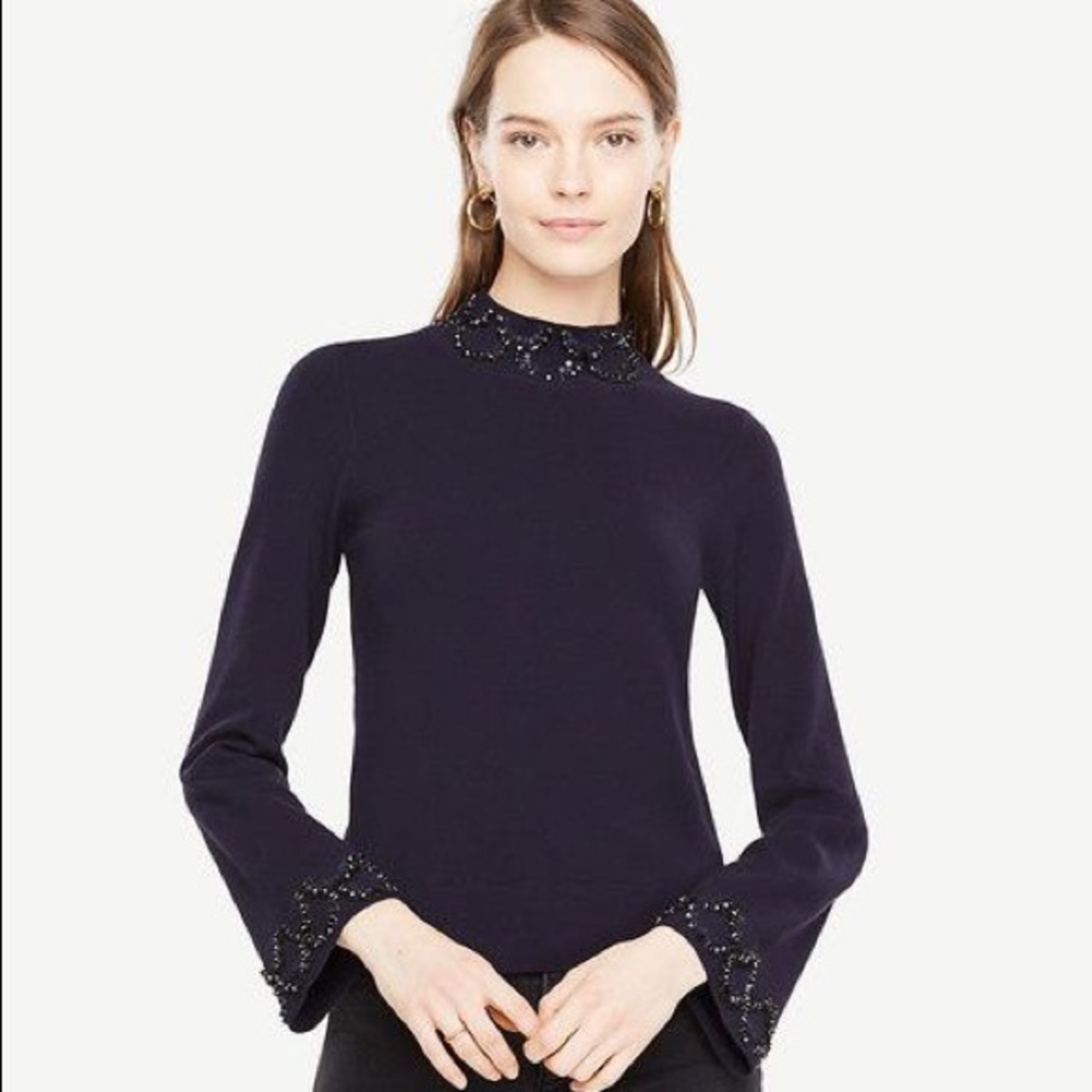 ANN TAYLOR Embellished Mock Neck Sweater Night Sky